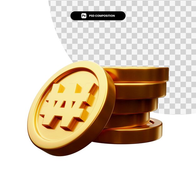 Tumpukan koin emas dalam rendering 3D terisolasi