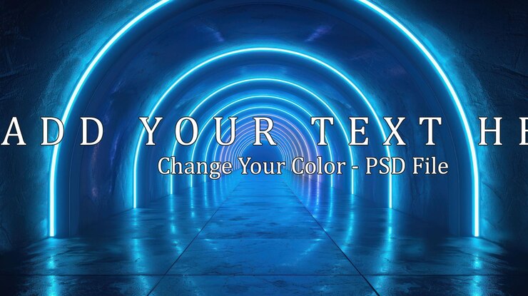 PSD túnel de néon futurista com luzes azuis abstract digital background