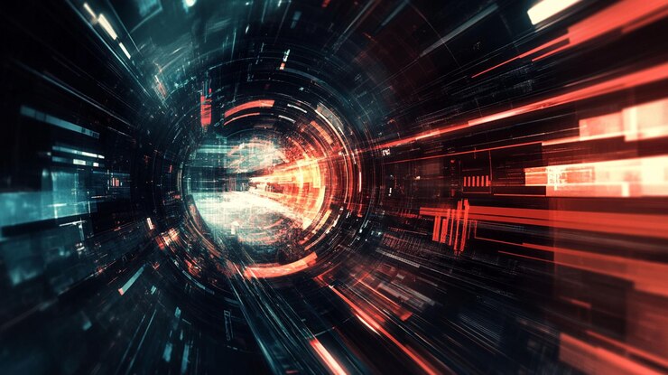 PSD túnel digital abstracto con líneas brillantes y flujos de datos 1