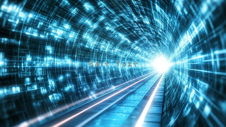 PSD túnel digital futurista con flujos de datos y pistas brillantes