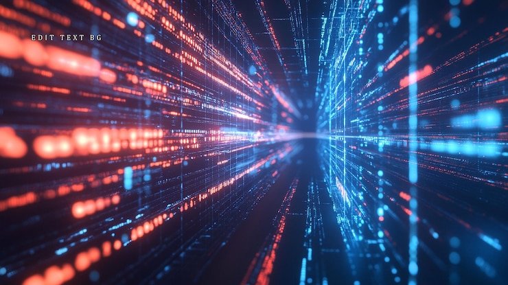 PSD túnel de flujo de datos digitales abstracto con líneas rojas y azules brillantes