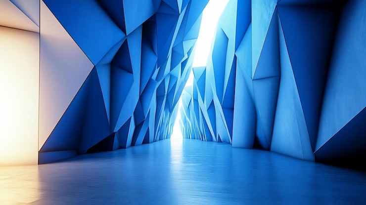PSD túnel futurista geométrico abstrato com paredes triangulares azuis e brancas que levam a uma luz brilhante