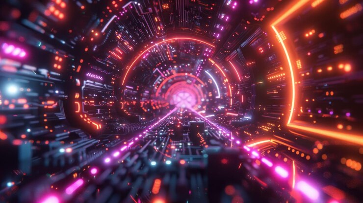 PSD un túnel futurista con luces de neón brillantes y formas geométricas