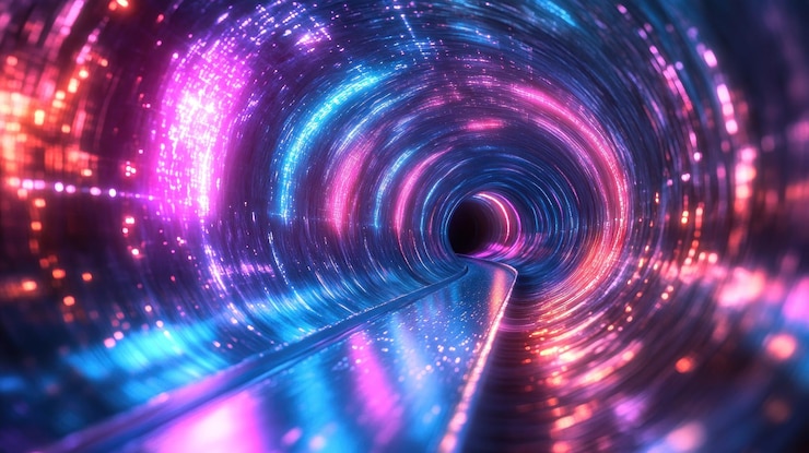 PSD un túnel futurista con luces de neón y partículas brillantes