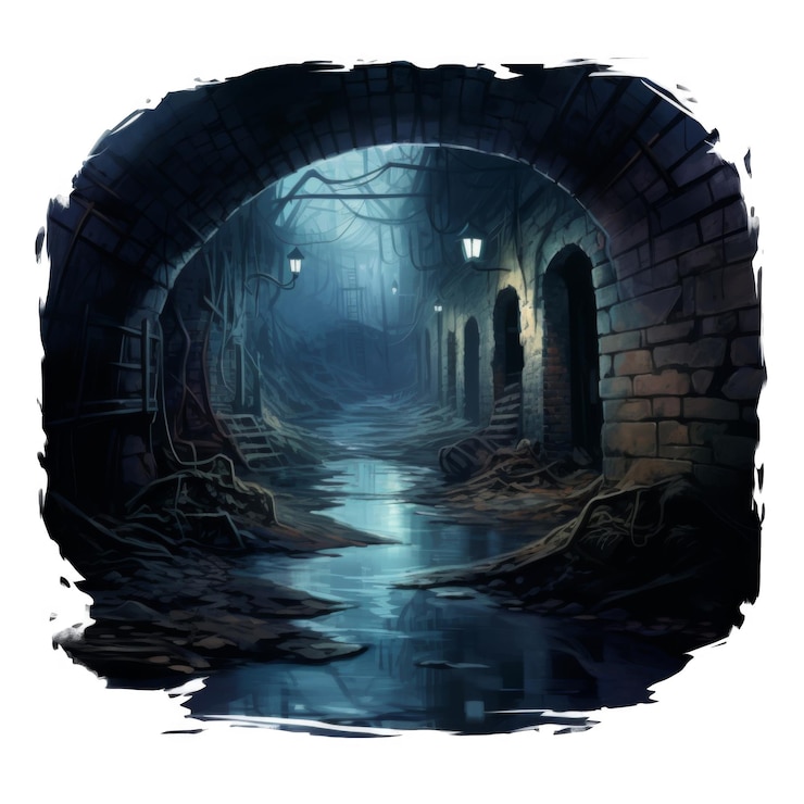 PSD un túnel de ladrillo oscuro y cubierto de vegetación con una vía fluvial