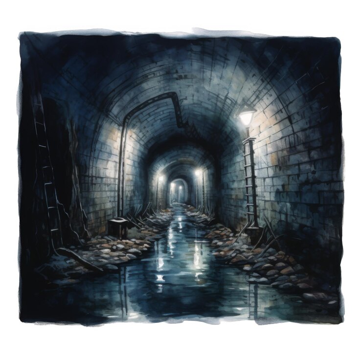 PSD un túnel de ladrillo oscuro y espeluznante con agua corriendo a través de él