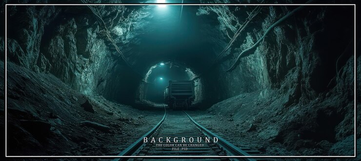 PSD túnel de mina oscuro y estrecho con una vía de tren y un carro de minería en la distancia iluminado por la luz