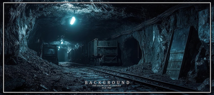 PSD túnel de mina oscuro y estrecho con vías de tren y un carro de minería