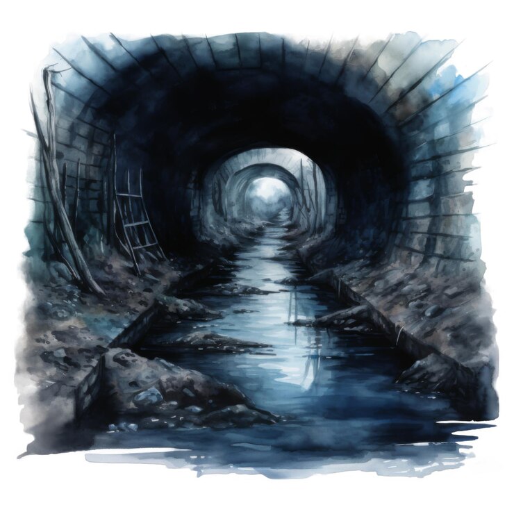 PSD un túnel oscuro y sombrío con una corriente de agua que lo atraviesa