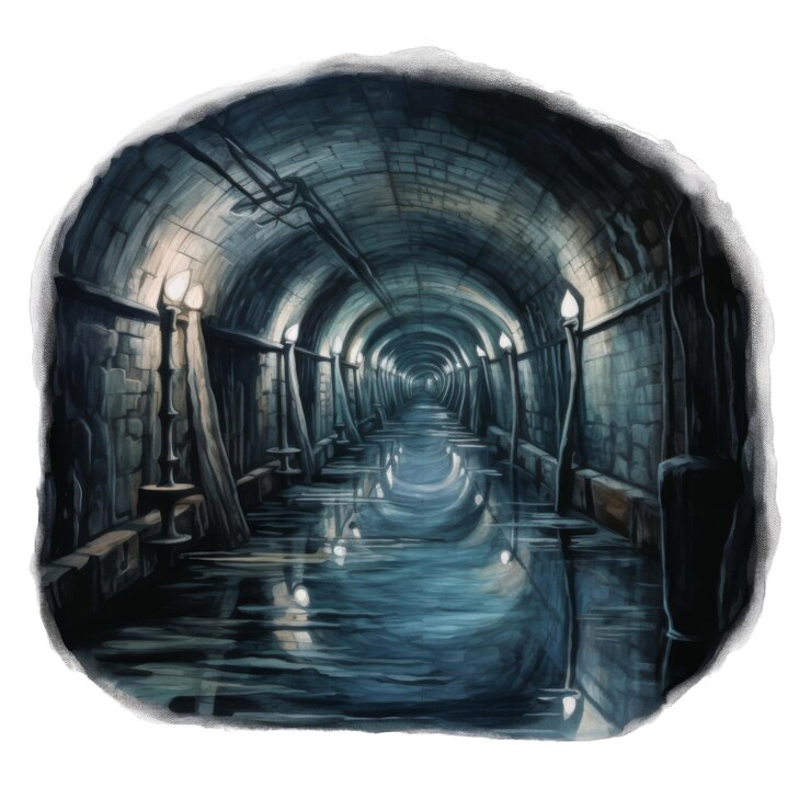 PSD un túnel subterráneo inundado con paredes de piedra y luces oscuras