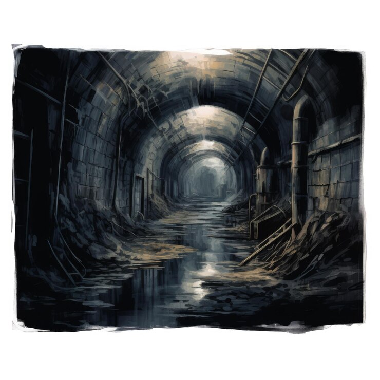 PSD un túnel subterráneo oscuro y abandonado con charcos de agua
