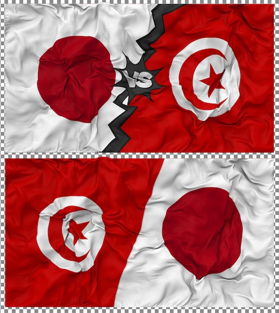 Tunesien gegen Japan Halbkombinierte Flagge Stoff Bump Textur 3D-Rendering