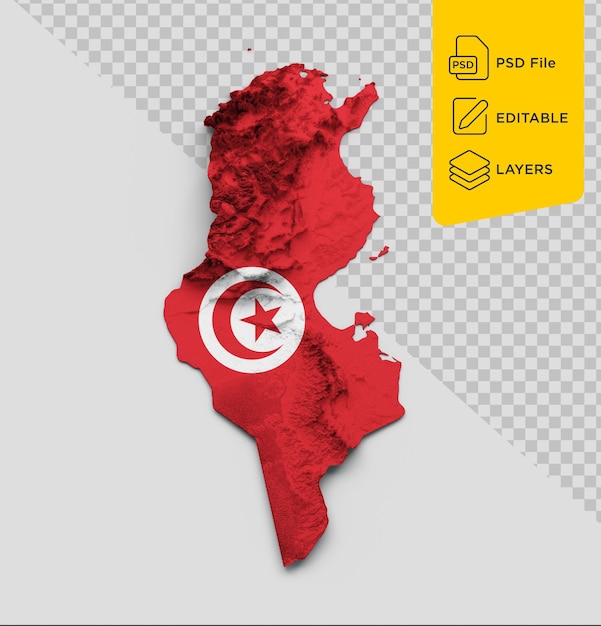 PSD túnez mapa bandera relieve sombreado color altura mapa sobre fondo aislado ilustración 3d