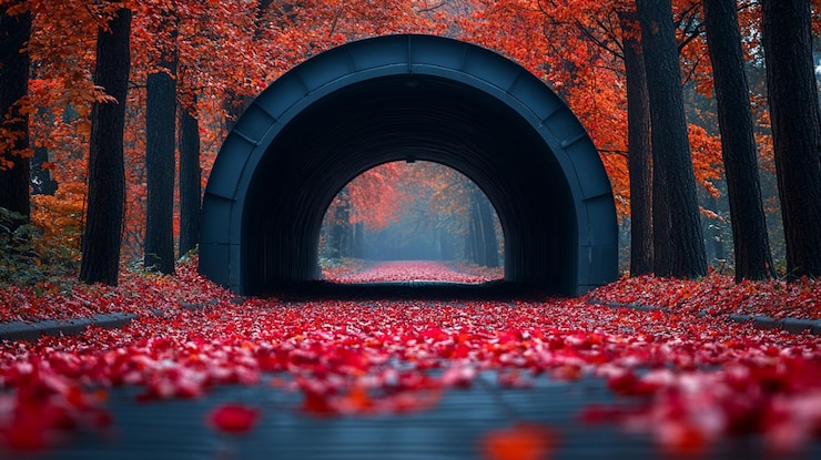 PSD le tunnel d'automne des feuilles rouges