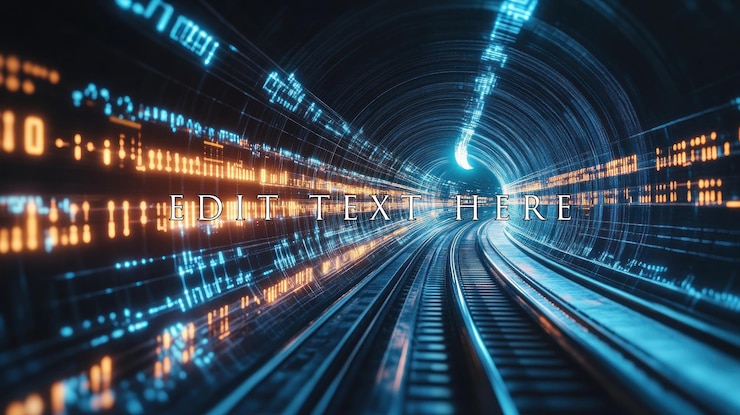 PSD tunnel de données numériques futuriste avec des voies ferrées lumineuses