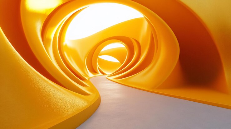 PSD tunnel giallo astratto con curve lisce e luce brillante alla fine