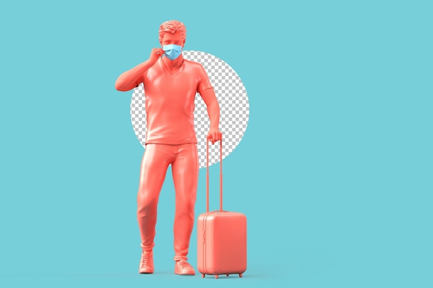 Turista na máscara médica carregando mala. conceito de viagens pandêmicas. renderização 3d