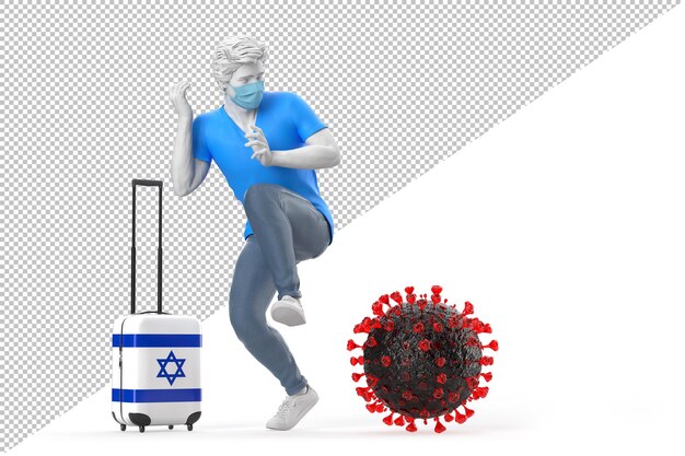 Turista que viaja para israel com medo da molécula do vírus. conceito de pandemia. ilustração 3d