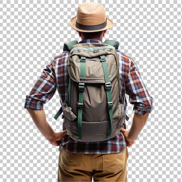 PSD un turista viajero vestido como indiana jones está de pie sobre un fondo transparente