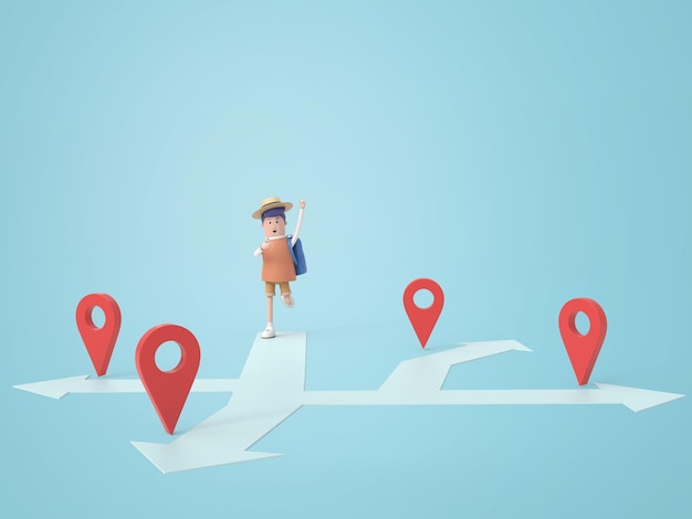 Turistas masculinos haciendo gestos felices en el mapa GPS con alfileres rojos de fondo aislado
