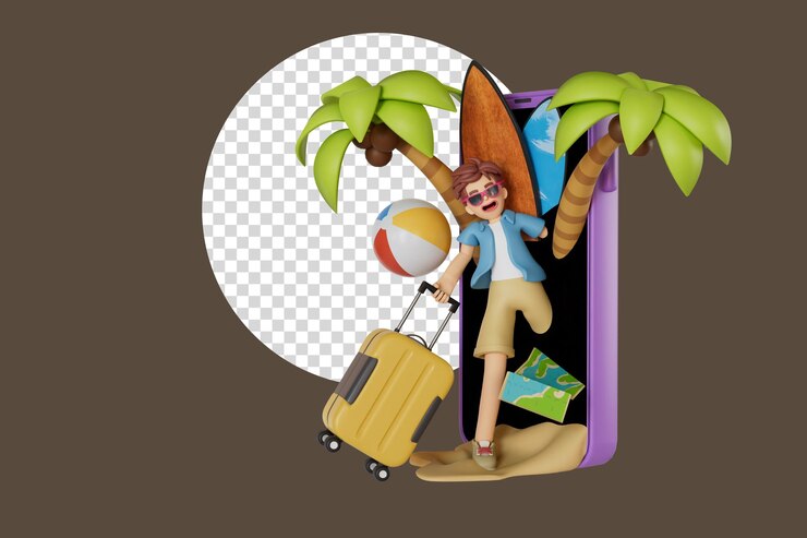 PSD los turistas masculinos se preparan para viajar por mar en la ilustración móvil 3d render
