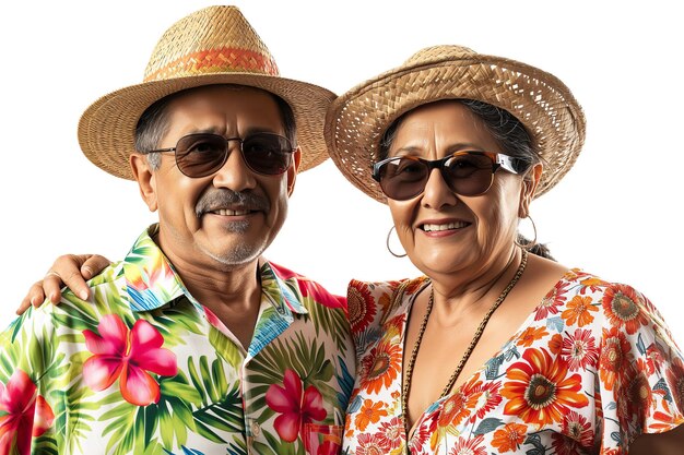 Turistas mayores hispanos felices con sombreros de paja aislados en un fondo transparente