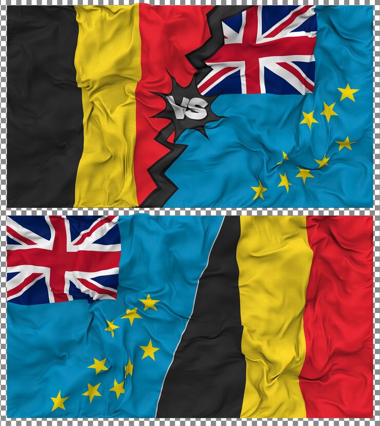 PSD les tuvalu contre la belgique half combined flag cloth bump texture rendering 3d