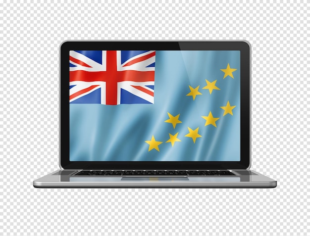 Tuvalu-Flagge auf Laptop-Bildschirm isoliert auf weißer 3D-Illustration