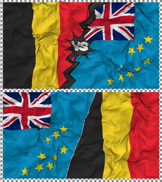 Tuvalu gegen Belgien Halbkombinierte Flagge Stoff Bump Textur 3D-Rendering
