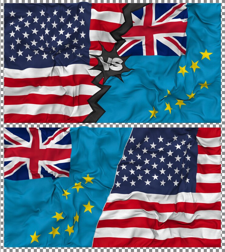 PSD tuvalu versus estados unidos meia bandeira combinada tesoura bump texture relação bilateral renderização 3d