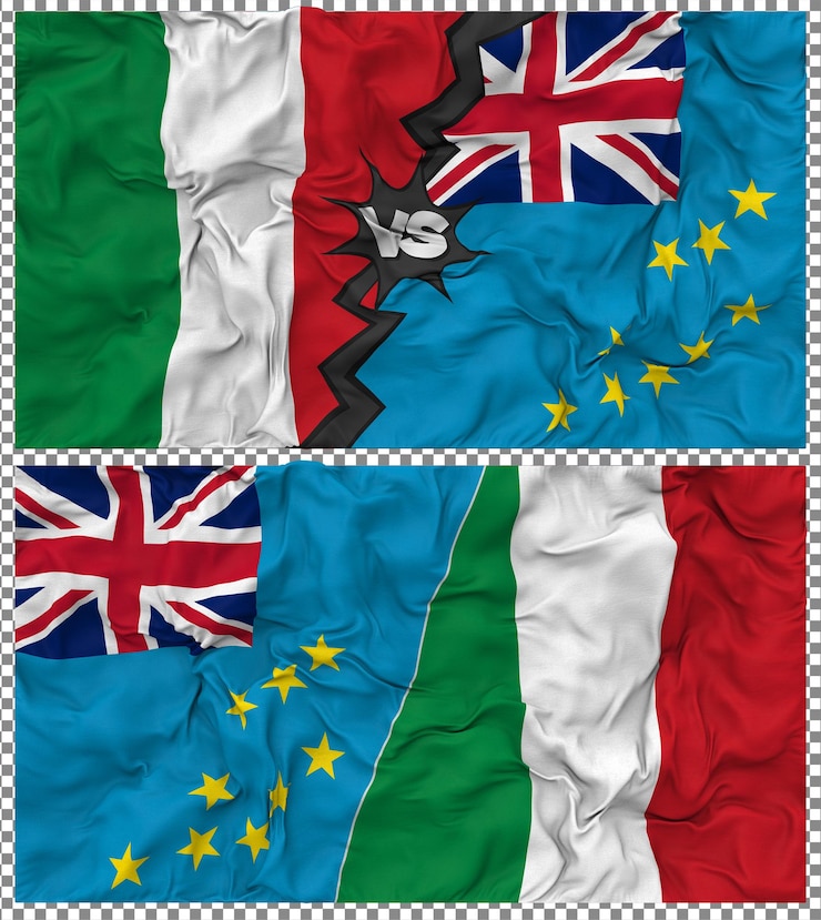 PSD tuvalu versus itália meia bandeira combinada textura de tecido de bump renderização 3d