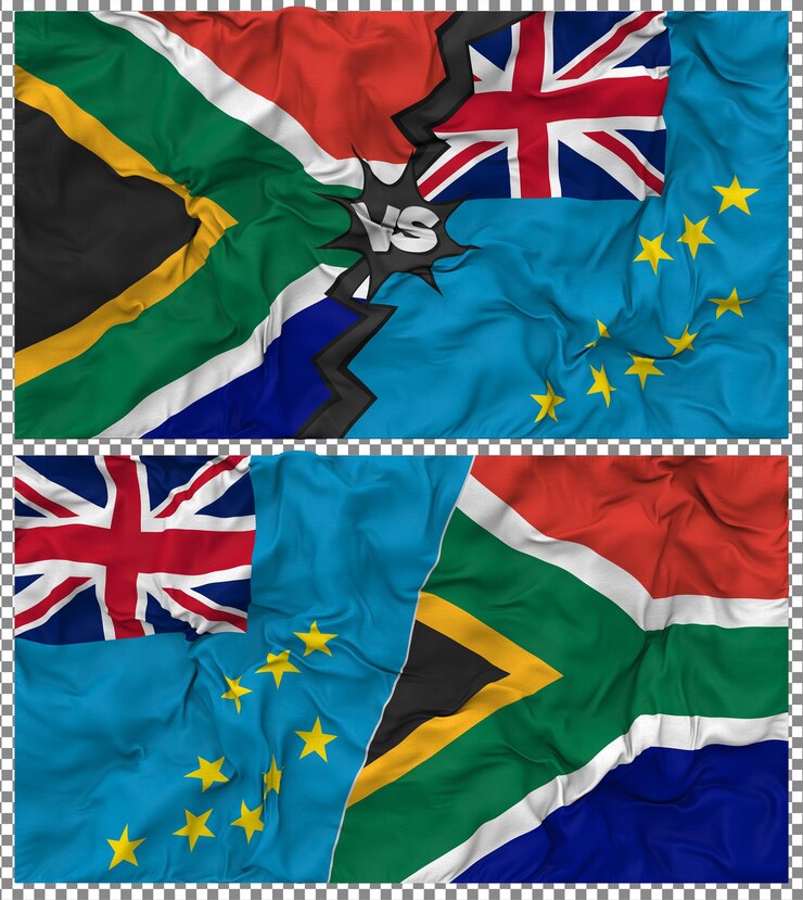 PSD tuvalu vs áfrica do sul meia bandeira combinada textura de tecido de bump renderização 3d