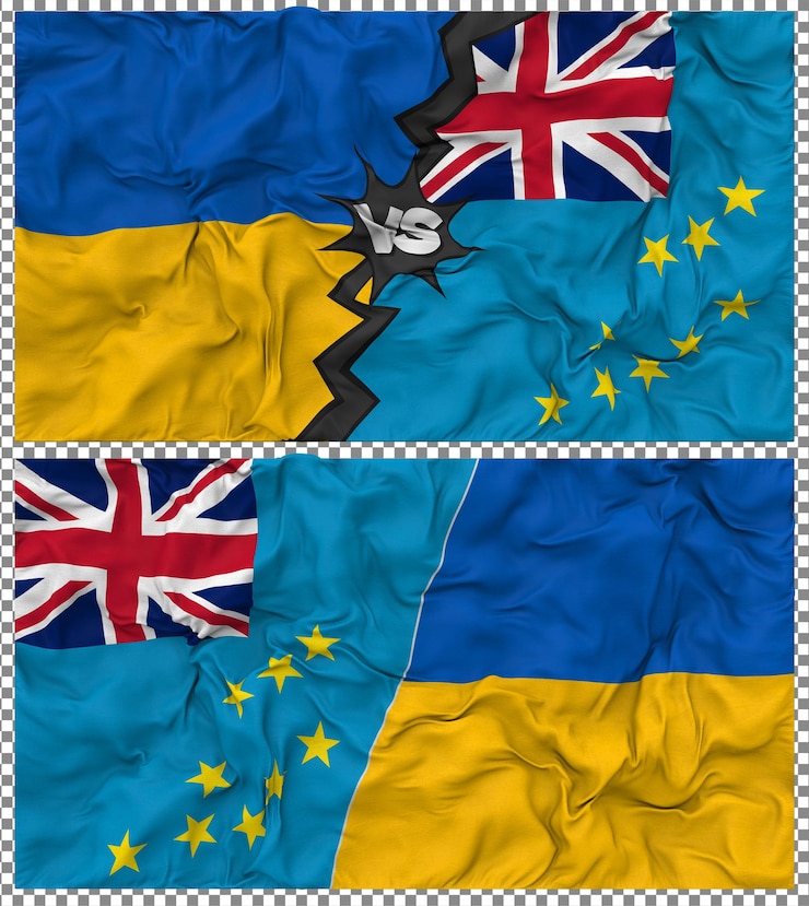 PSD tuvalu vs ucrânia meia bandeira combinada textura de tecido de bump renderização 3d