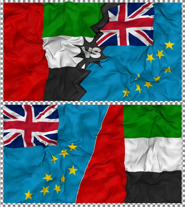 PSD tuvalu vs united arab emirates half combined flag cloth bump texture 3d rendering