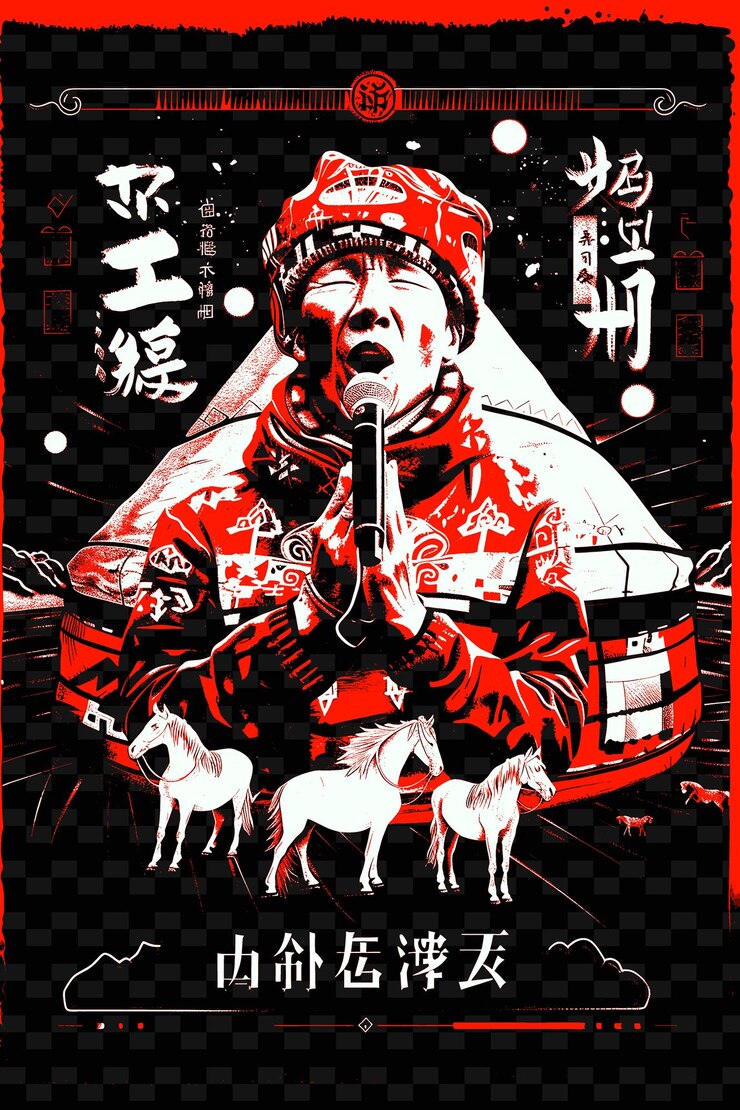 PSD tuvan throat singer en una yurt mongola con fieltro y caballos ilustración diseños de carteles de música