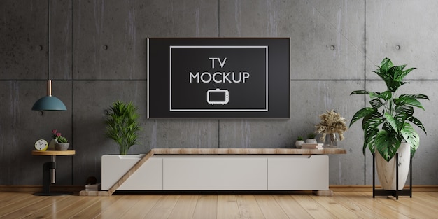 TV auf Schrank die im modernen Wohnzimmer die Betonwand, 3D-Rendering