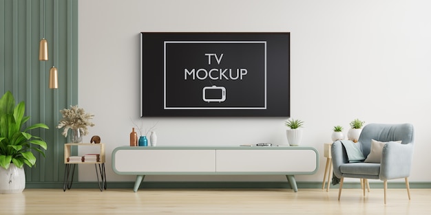 TV na sala de estar moderna com poltrona, abajur, mesa, flores e plantas. Renderização em 3D