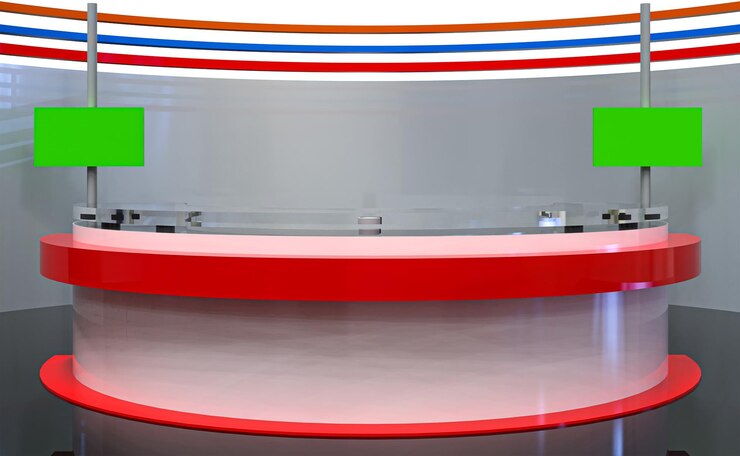 PSD tv news studio, television broadcast room interior with  table color red and earth globe on screen