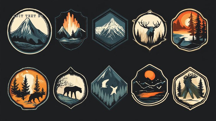 PSD twelve vintage nature illustrations mountains volcano forest animals sunset campfire