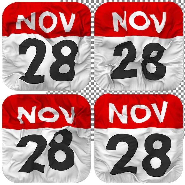 twenty eighth 28th november date calendar icon isolated four waving style bump texture 3d rendering