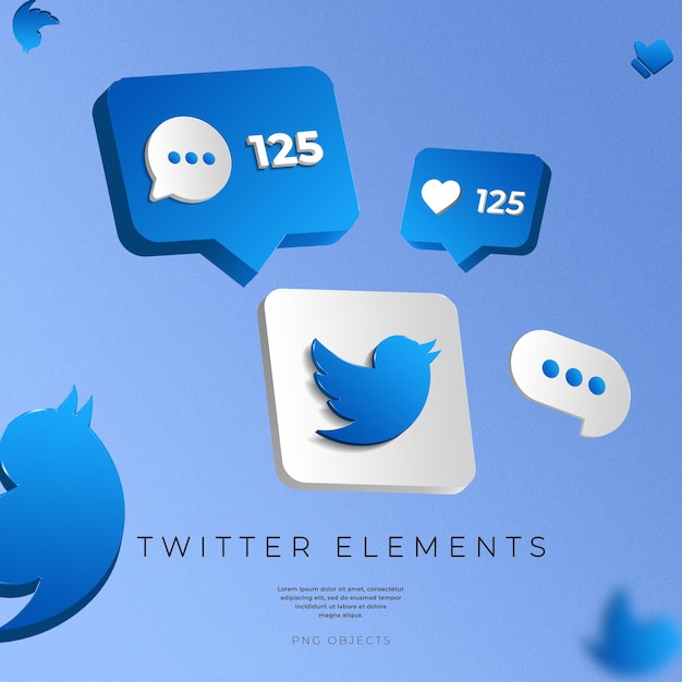 Twitter 3d-rendering elemente anrufe benachrichtigungen chat