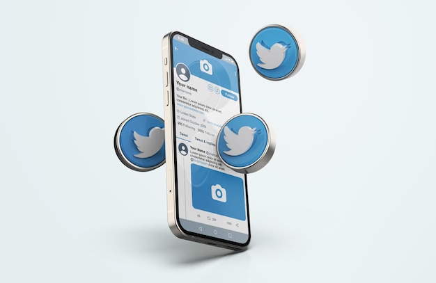 Twitter em silver mobile phone mockup com ícones 3d