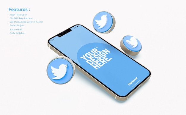 Twitter Mockup Sur Téléphone Mobile Avec Icône 3d