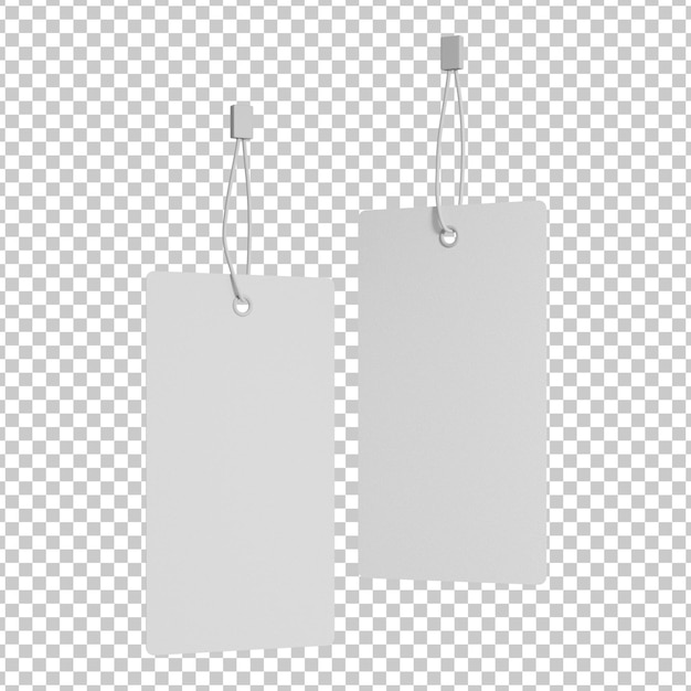 Two blank white price tags hanging on strings