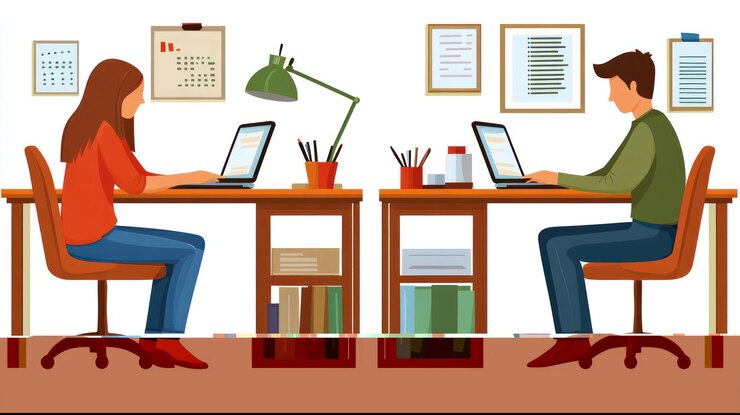 PSD two coworkers work sidebyside at their desks using laptops
