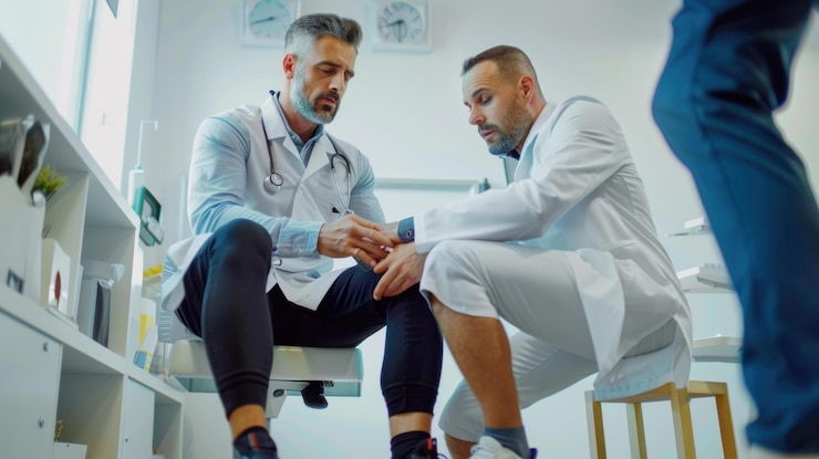 PSD two doctors examining a patients knee in a clinic