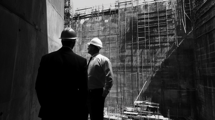 PSD two engineers in hard hats talking at a construction site