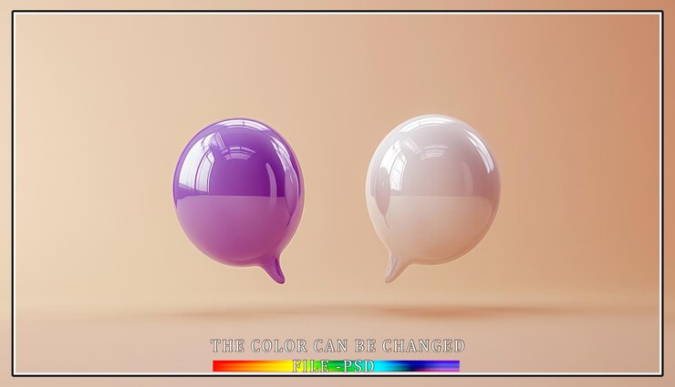PSD two glossy speech bubbles purple and white float against a pastel background symbolizing