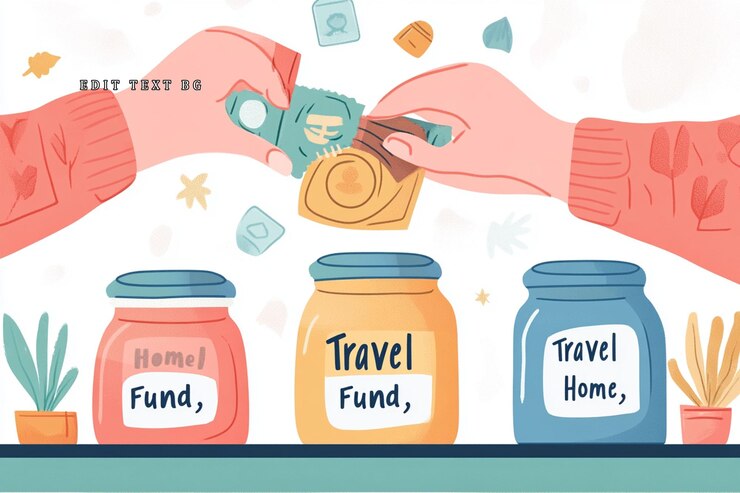 PSD two hands depositing money into three labeled jars home fund travel fund and travel home fund