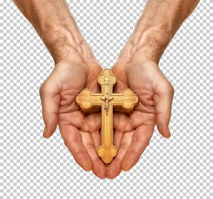 Two Hands With Holy Cross Isolated on Transparent Background